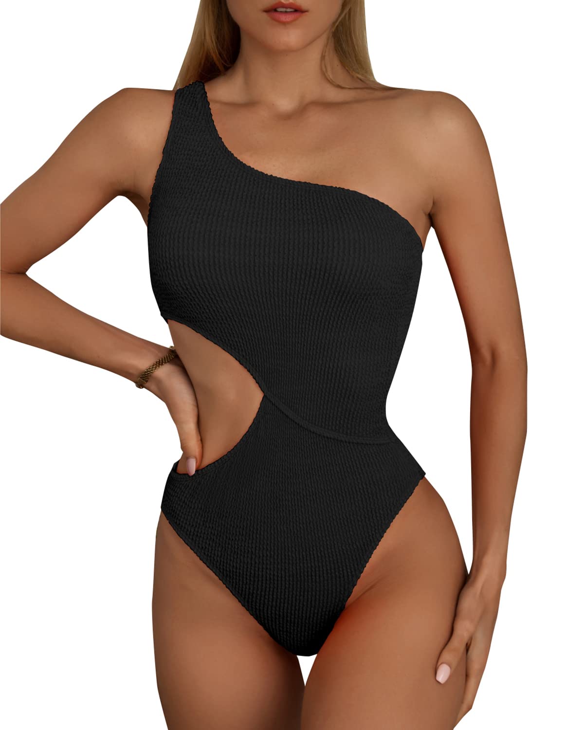 SIZE SMALL Limeeke Women's Cutout One Piece Swimsuit One Shoulder Swimwear Ribbed Monokini Bathing Suits Black S