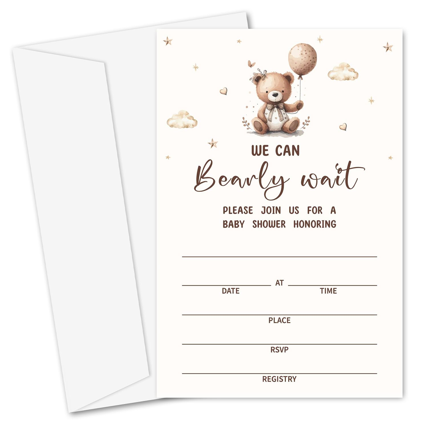 Yuansail We Can Bearly Wait Baby Shower Invitation Cards, Bear With Balloon Fill In Invites Cards, 25 Pcs 4x6 Inches Cards And Envelopes -03