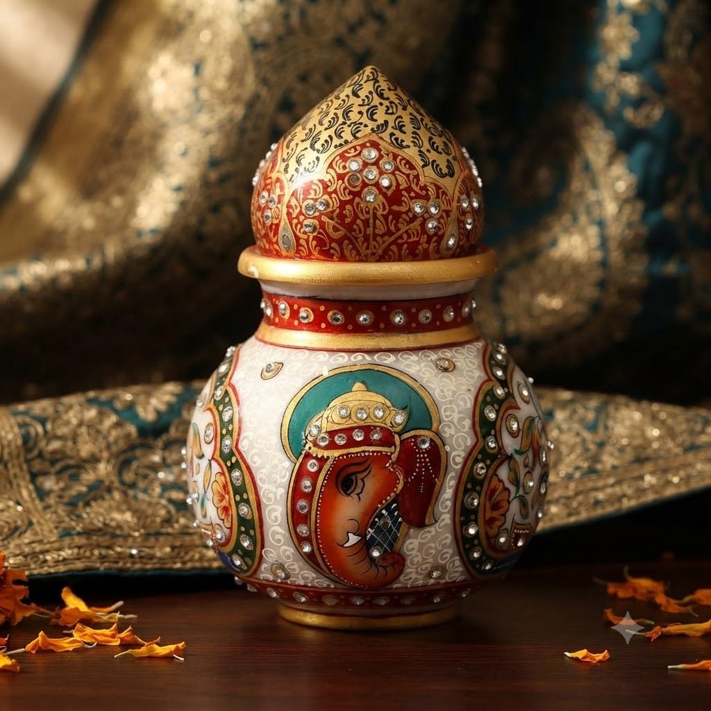 Anjali Arts Marble Handicraft Designer Decorative Kalash for Pooja |Ganesh Printed Design Handmade Meenakari Work Makarana Marble Kalash |(20 x 20 x12 CM) (Pack of 1) 1