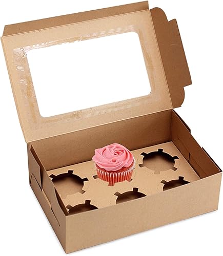 Lainrrew 15 paquetes de cajas para cupcakes, 6 cavidades de papel kraft marrón para cupcakes, soportes para cupcakes con ventana transparente para