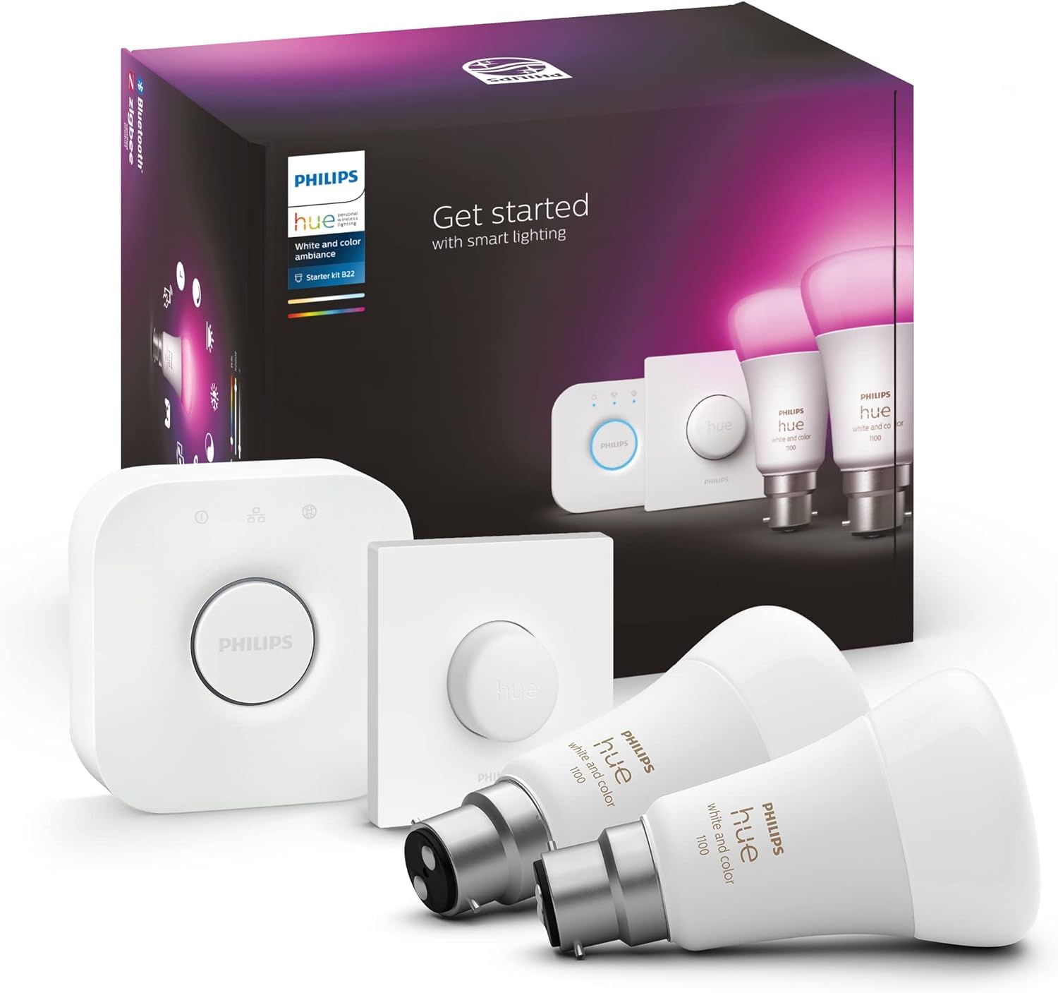 Philips Hue Philips Hue White & Colour Ambiance Smart Bulb Twin Pack LED [B22 Bayonet Cap] - 1100 Lumens (75W Equivalent). Works with Alexa, Google Assistant and Apple Homekit