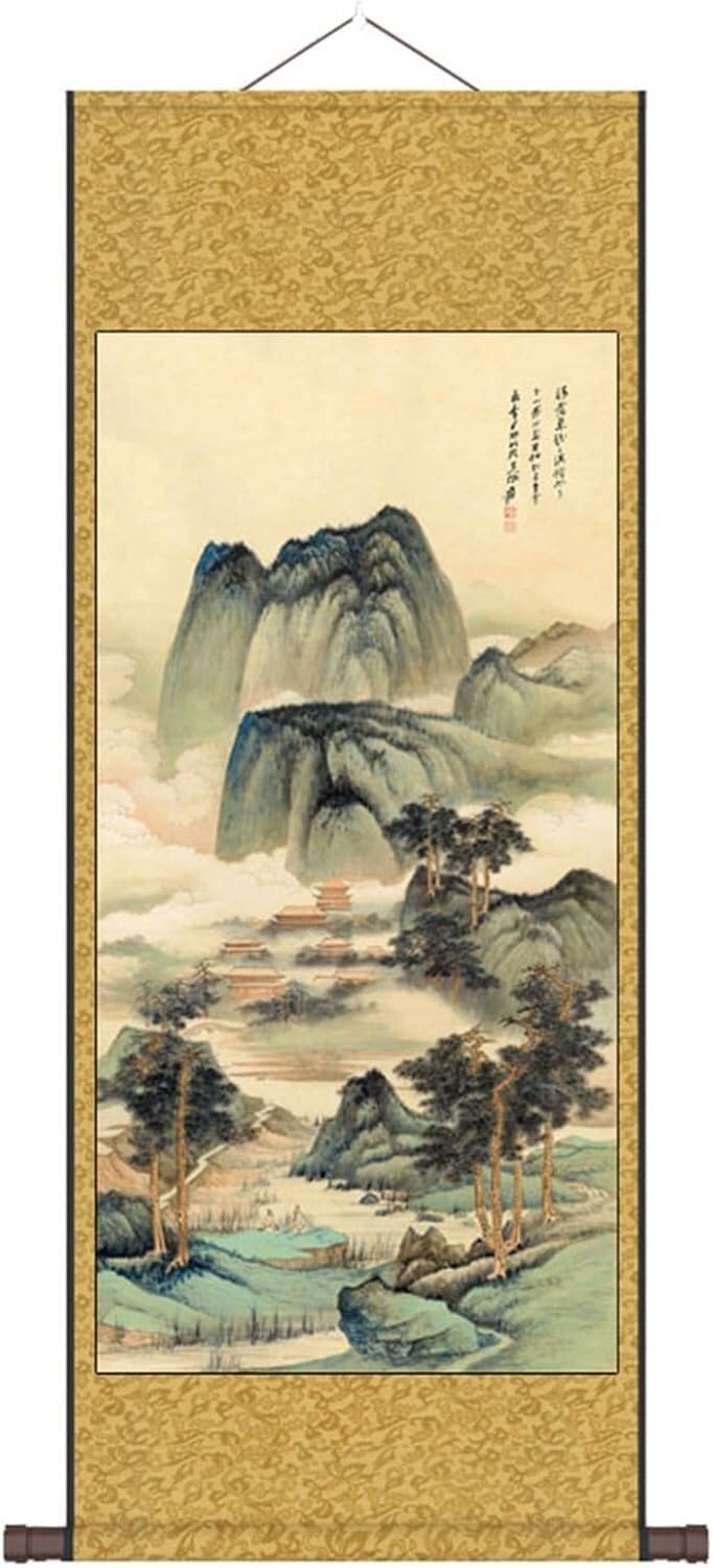 KYUEPONG Scroll mural, Chinese Landscape Scroll Painting Mounted,Oriental Art Silk Reel Paintings for Office Living Room(140x45)