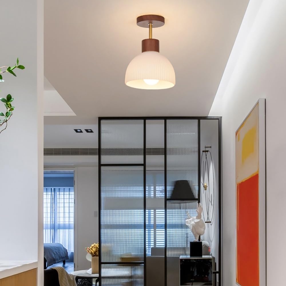 Nordycka Lampy Sufitowa ze Szkła Ryflowanego, Plafon Półkulisty z Drewnem Mid Century Oświetlenie Sufitowe do Przedpokoju(Walnut)