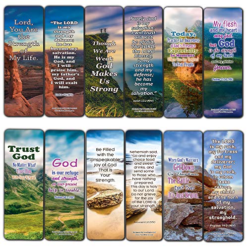 NewEights God is My Strength Bible Bookmarks 12-Pack - Church Memory Verse Sunday School Rewards - Christian Stocking Stuffers Birthday Party Favors Assorted Bulk Pack
