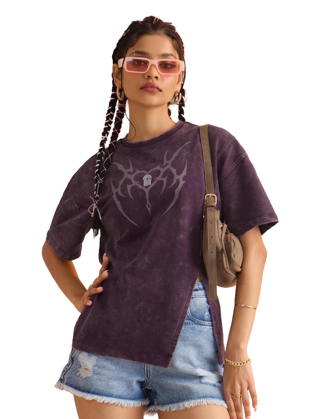 Originals: Gothic Heart Women and Girls Short Sleeves Round Neck Purple Graphic Printed Lightweight Everyday Streetwear Cotton Oversized T-Shirt-image-35