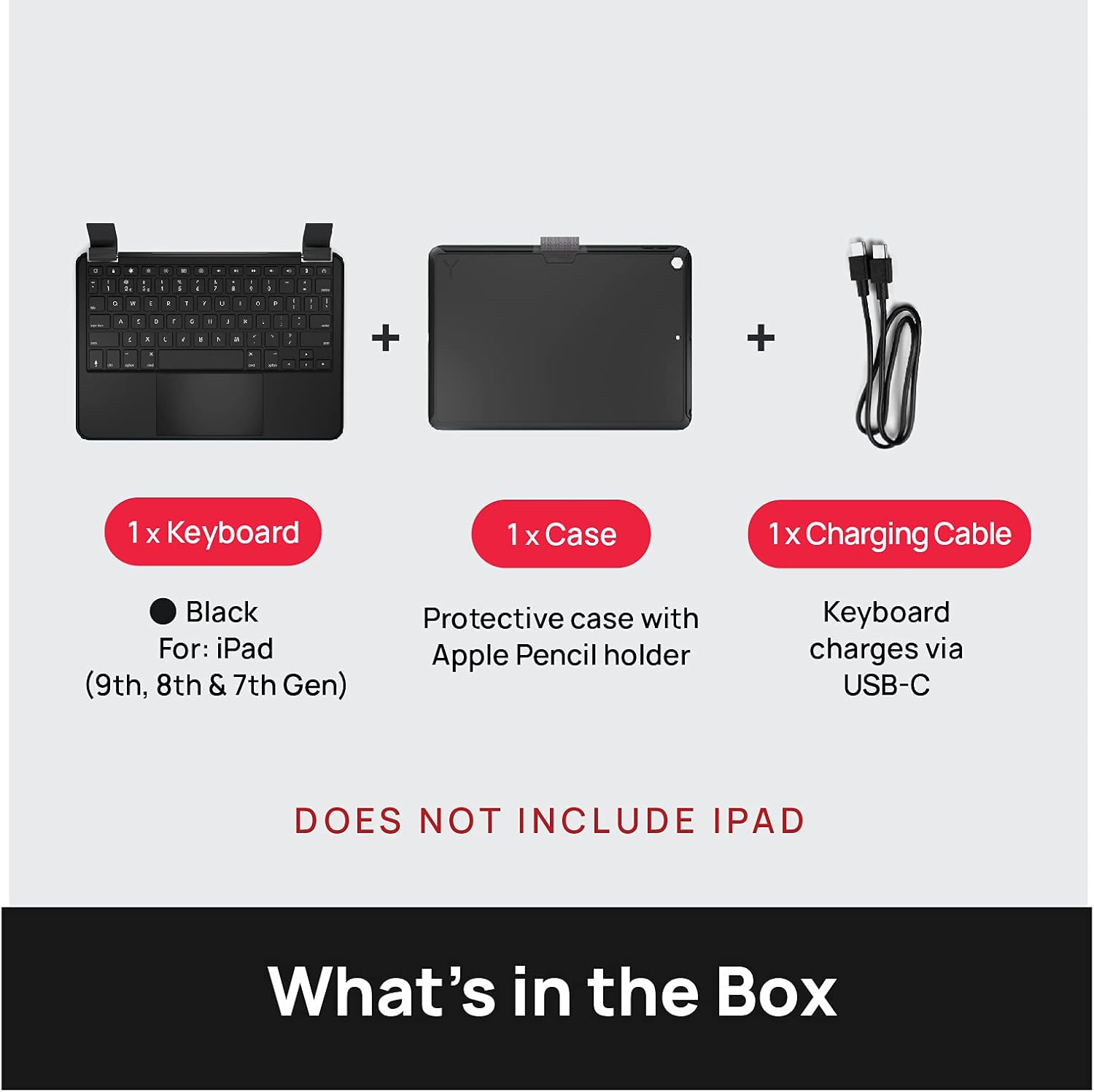 Contents of the Brydge 10.2 MAX+ box: keyboard, case, and USB-C cable.