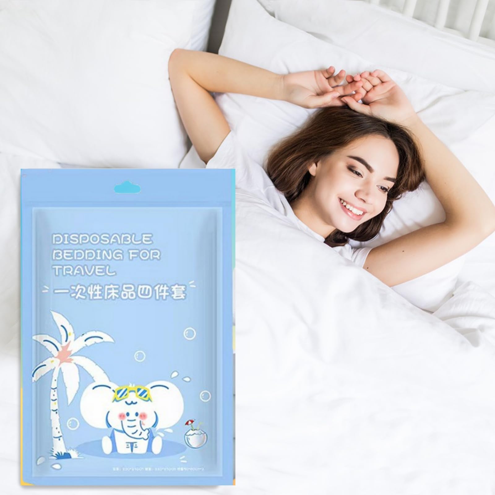 4pcs Quality Disposable Travel Bedding Set Large Size Bed Linens including One Bedsheet, One Quilt Cover, Two Pillowcases, Portable Ready-to-Use Bedset Breathable for Hotel Camping Trip Hospital