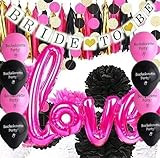 Bachelorette Party Decorations - 30pcs Hot Pink and Black Tissue Paper Pom Poms Circle Garland Tassel Bunting Banner Bride To Be Banner Love Balloons Set for Engagement Party Bridal Shower Decorations