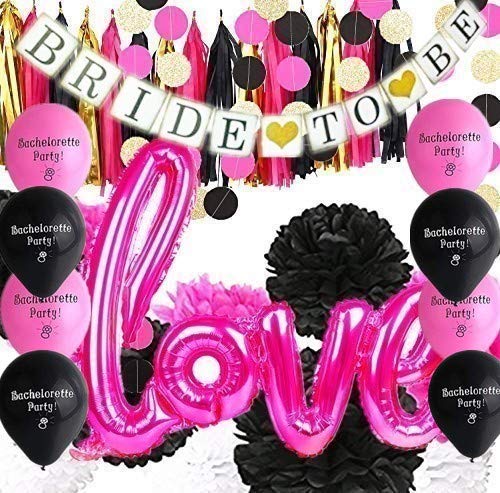 Bachelorette Party Decorations - 30pcs Hot Pink and Black Tissue Paper Pom Poms Circle Garland Tassel Bunting Banner Bride To Be Banner Love Balloons Set for Engagement Party Bridal Shower Decorations
