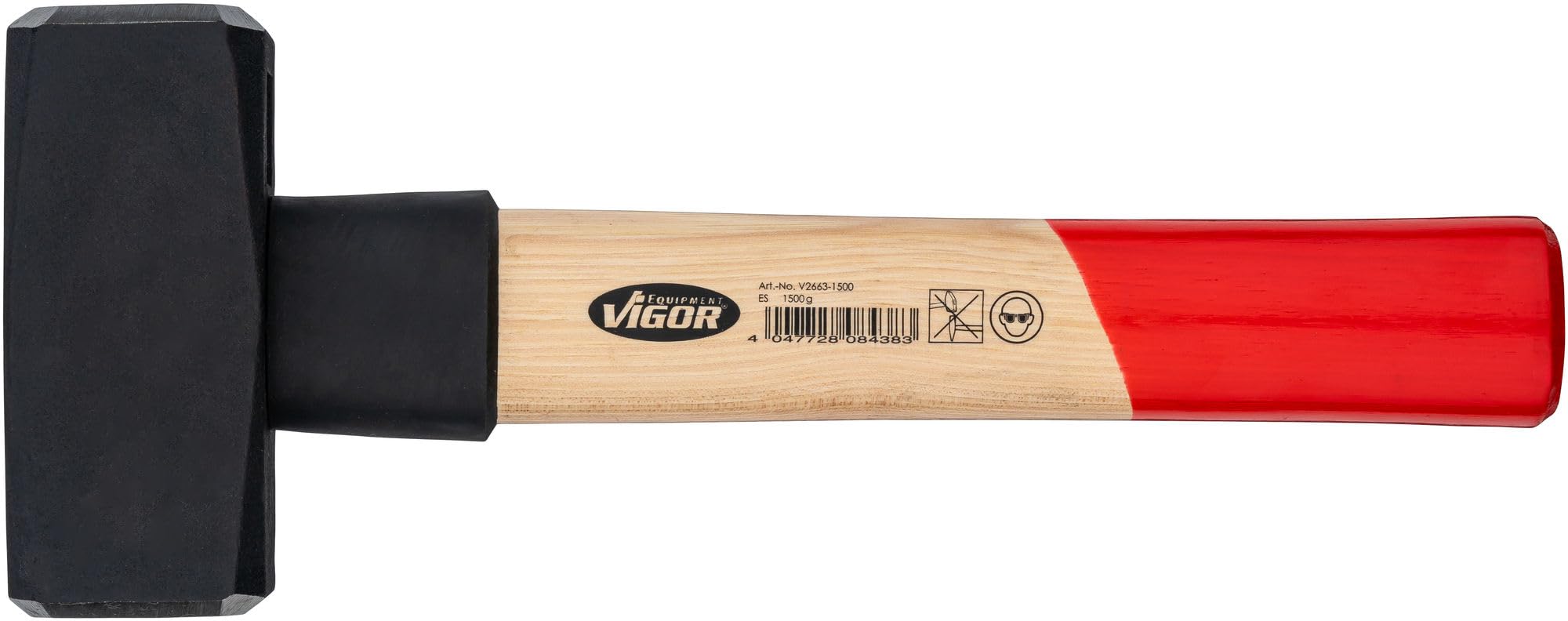 ViGOR V2663-1500 Massette 1500 g, manche en bois d'hickory avec protection contre les chocs en caoutchouc, longueur 280 mm, marteau lourd pour des coups puissants et un travail précis