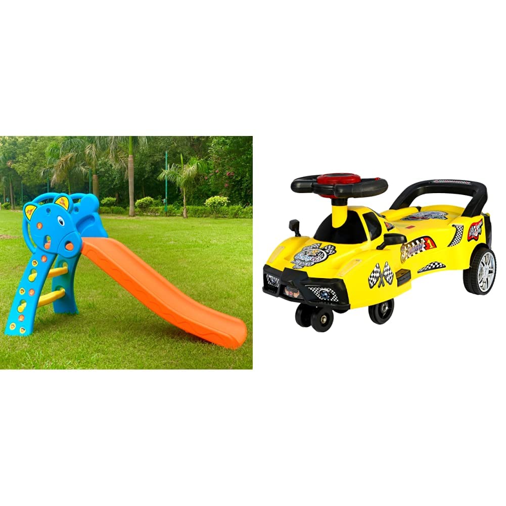 BabyGo Nara Kids Toy Slide Foldable at Home and School (140 cm x 80 cm x 60 cm) & Baby Furrari Swing Magic Car Ride On for Kids with Music and Light (Yellow)