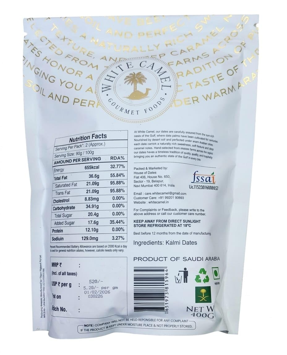 White Camel Saudi Dates, Finest Dates of Riyadh, Gourmet Foods, Natural Caramel Flavour, 400g (Product Of UAE) From Decadent Foods