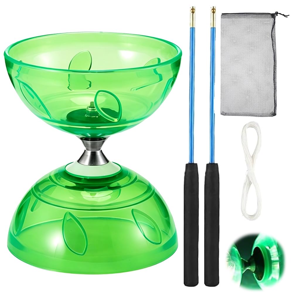 Diabolo Freiläufer mit kugellager Dreifache Lagerung Set, Diabolo Leuchtend im Dunkeln mit Ersatzseil 10m, Stange, Netzbeutel, Diabolomit Kugellager, Geschenk für Anfänger (Leuchtendes Grün)