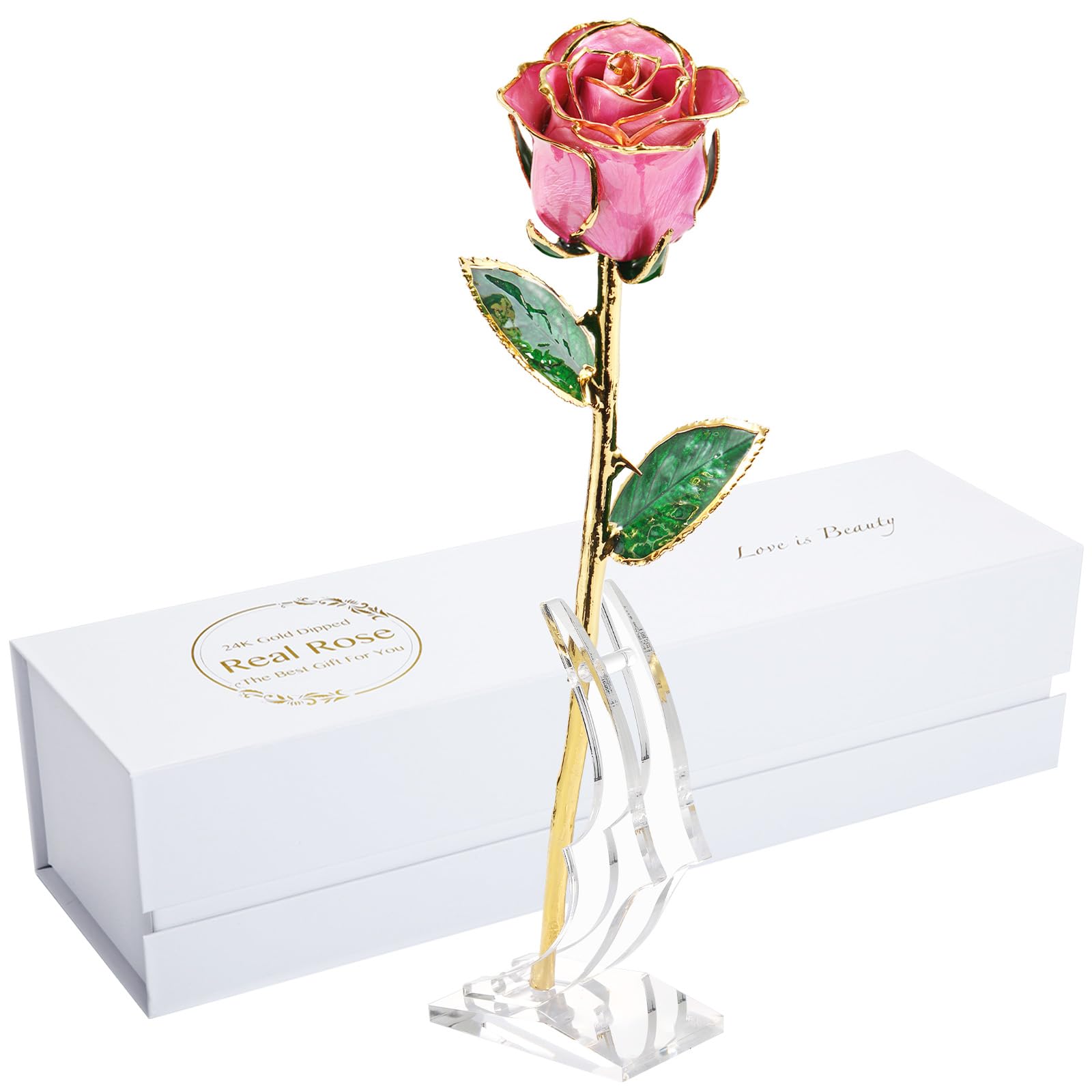 Anniversary Rose Gift for Her, Gold Dipped Rose is Attractive Luster and Natural Shape, Best Gifts for Anniversary Wedding Valentines Day (Pink Original Rose with Stand)