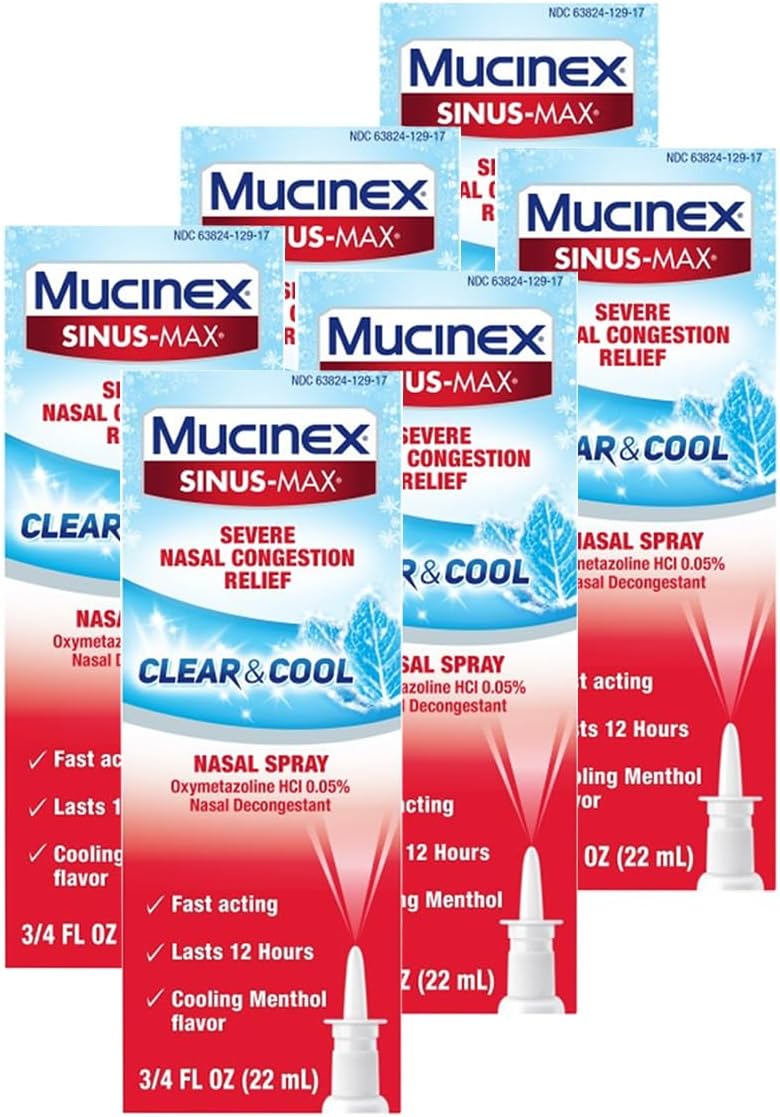 Mucinex Sinus-Max Nasal Spray Decongestant, 12 Hour Over-The-Counter Medication Nose Spray for Sinus Relief, Nasal Decongestants for Adults & Sinus Congestion, Cooling Menthol, 0.75 Fl Oz (Pack of 6)