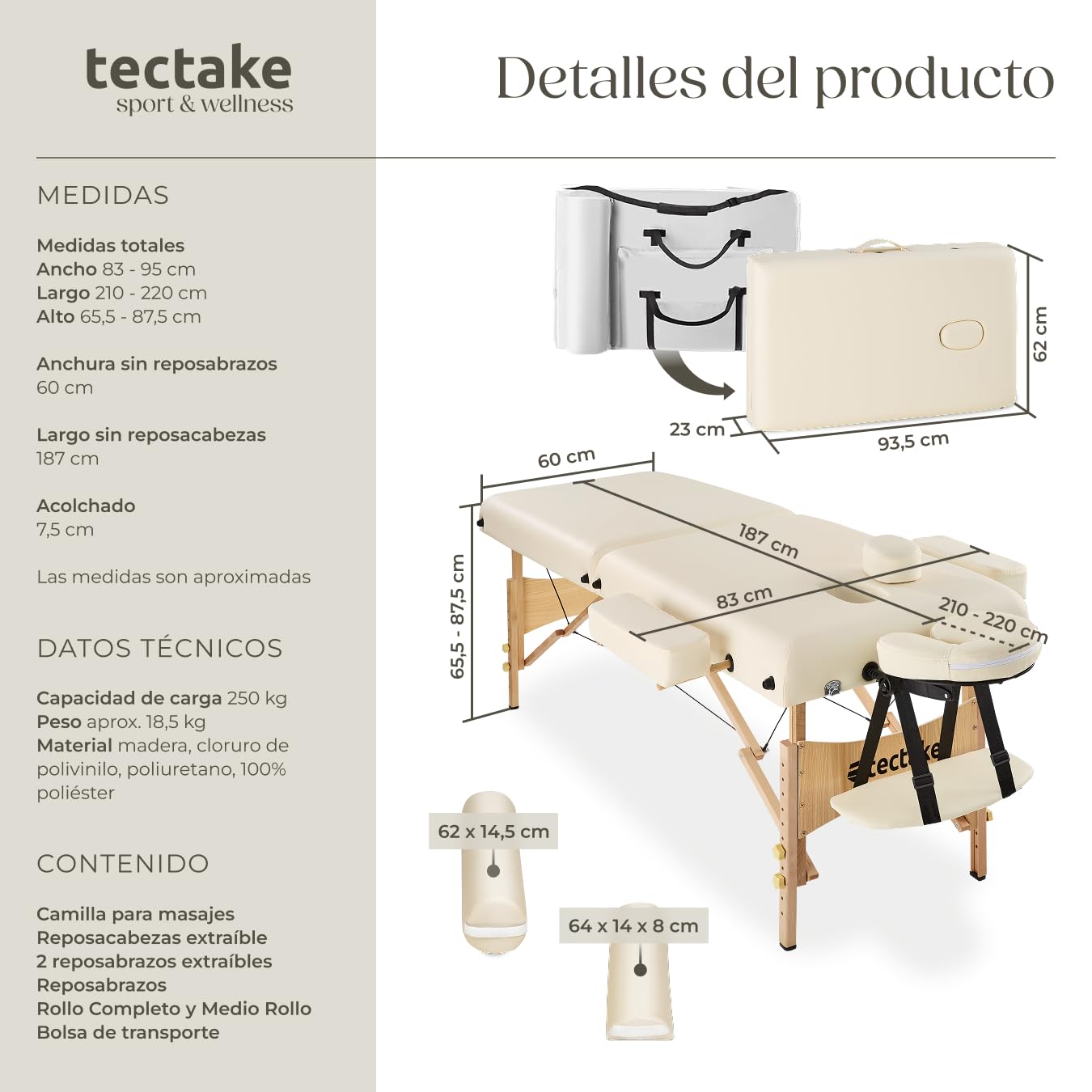 tectake - Camilla de Masaje (Acolchado de 7,5 cm, 2 Rodillos masajeadores y Funda transportadora)