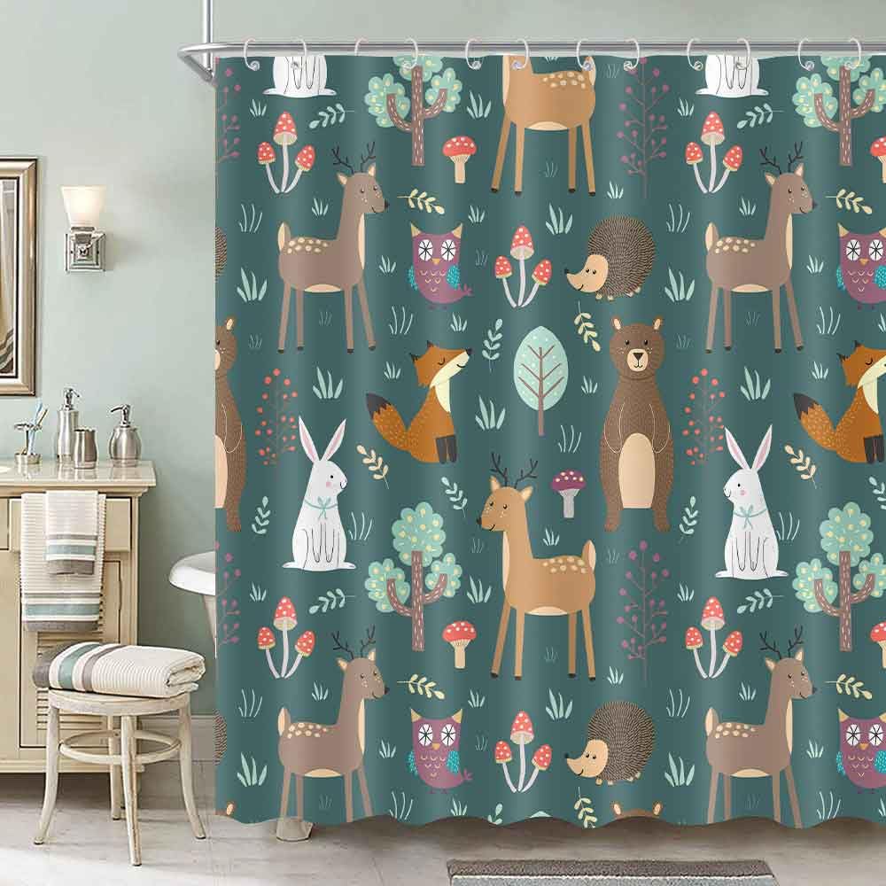 Cute Fox Bear Mushroom Floral Fabric 72x72 Shower Curtain Boho Vintage Plants Nature Flowers Retro Bohemian Botanical Nature Bath Shower Curtain Set