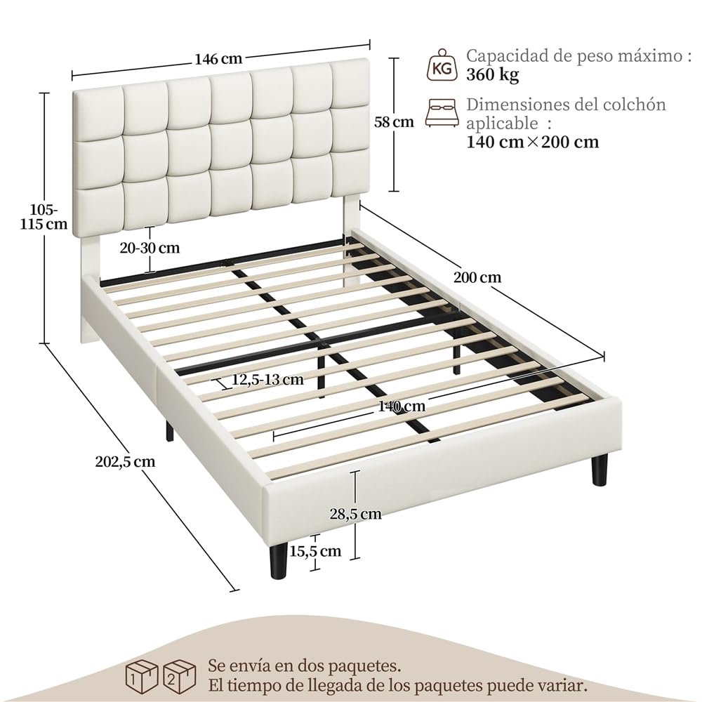 Yaheetech Marco de Cama Doble Acolchado Cuadrado 140×200cm Cabecero Ajustable en Altura con Base de Listones Color Beige