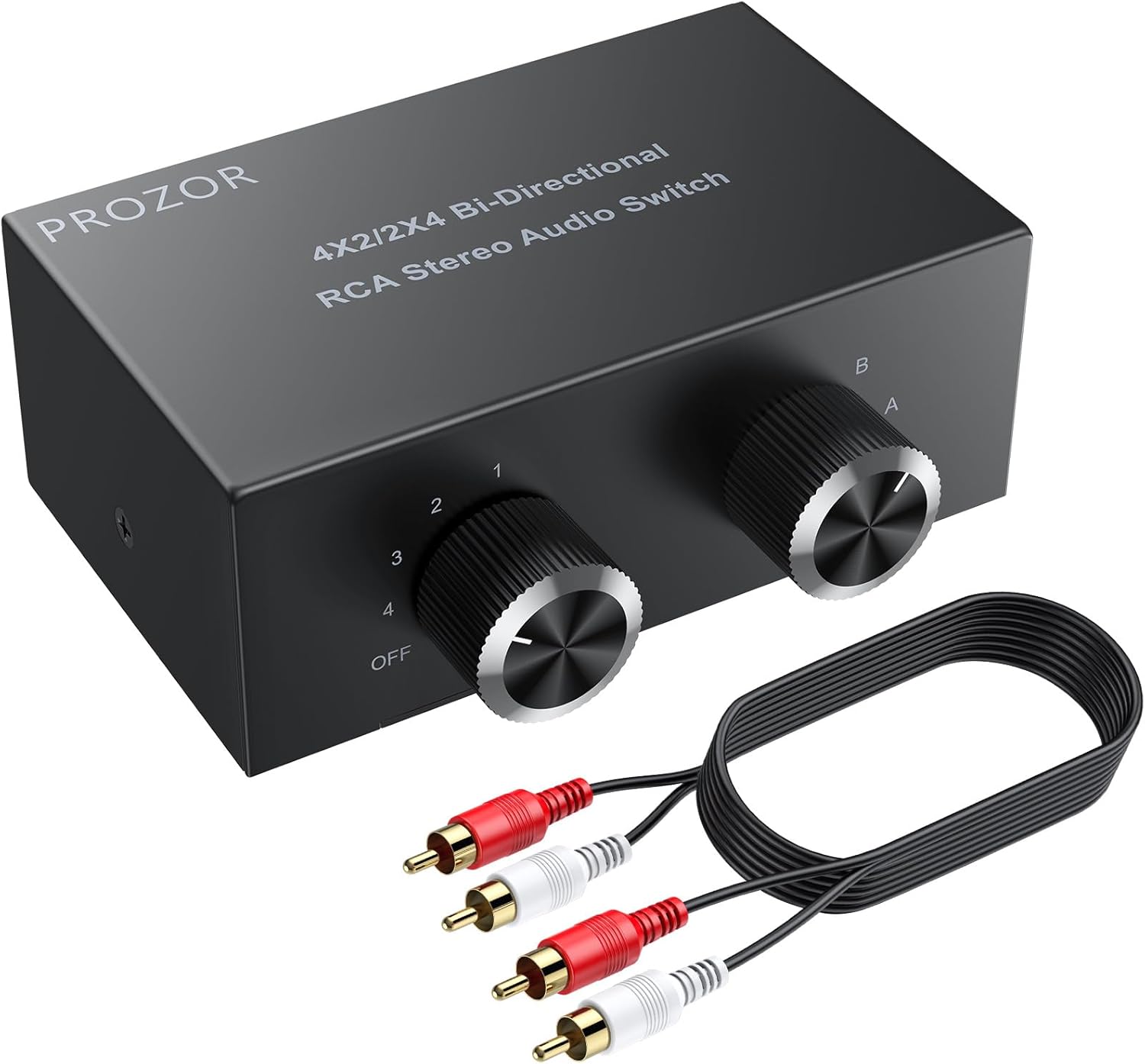 PROZOR RCA Stereo Audio Switcher - 2 in 1 Out R/L Stereo Audio Switch, 1 in 2 Out Stereo Audio Switcher Selector with Mute Button and No External Power Required (Black 4-2)