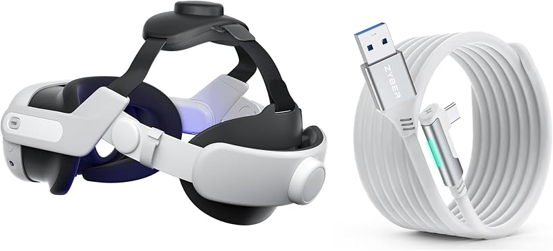 ZYBER Paquete de cable de enlace de 16 pies y correa para la cabeza cómoda PC VR para Meta Quest 3/3S | Conéctate más lejos. Juega más tiempo. Mantente cómodo.