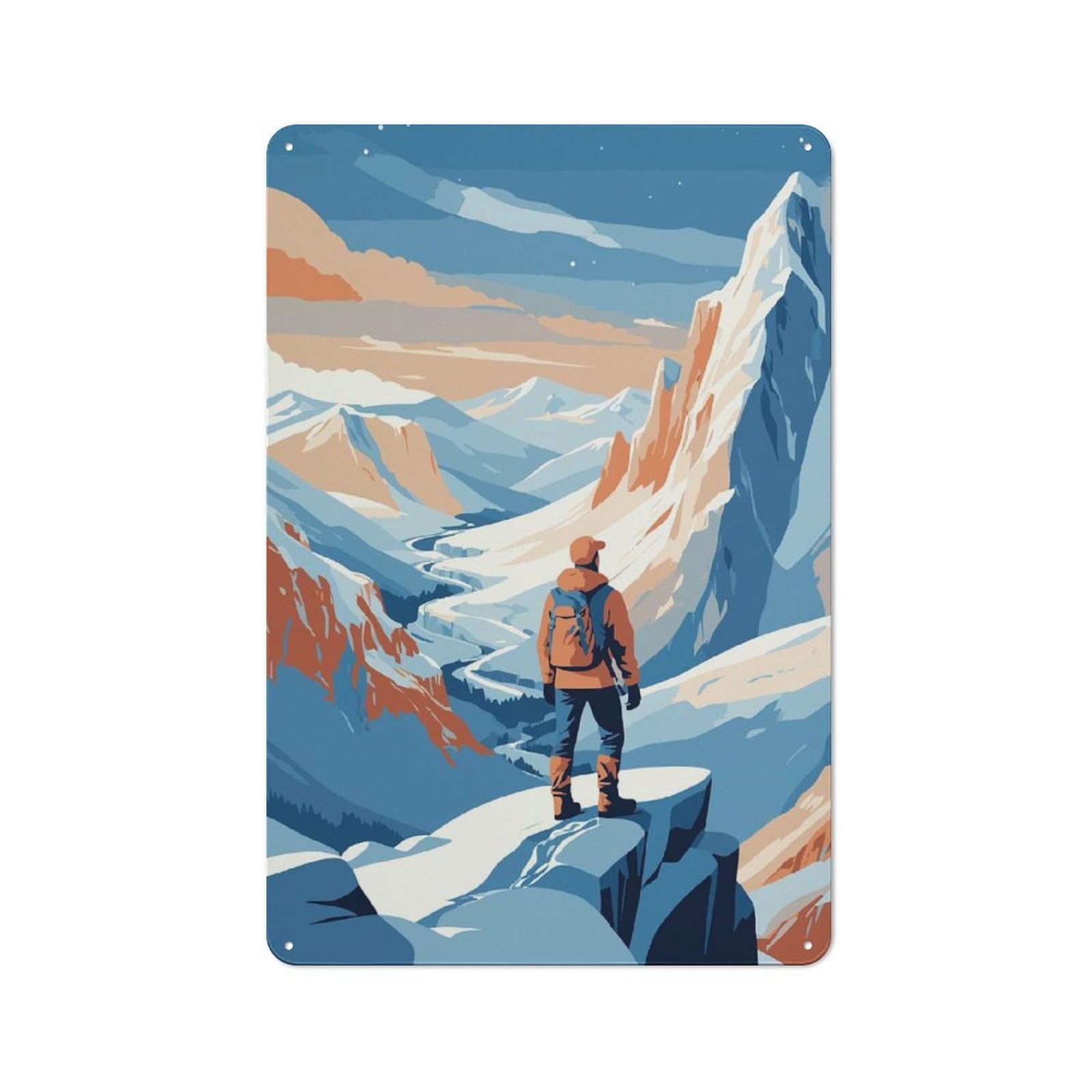 Junmoney Style-24 Mountain Hiker Landscape Illustration Rustic Metal Wall Sign 30X20cm For Bar Or Restaurant, A Decorative Metal Sign For Bars And Restaurants