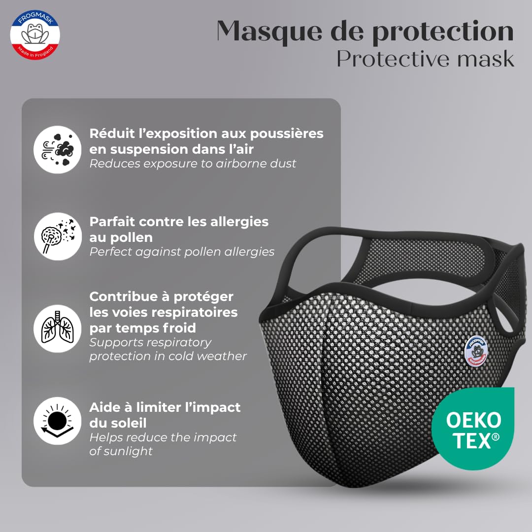 FROGMASK Atemschutzmaske gegen Luftverschmutzung & Polle – für Radfahren & Motorrad – waschbar & wiederverwendbar – Schwarz & Weiß – Größe M – inkl. 1 FFP2-Filter