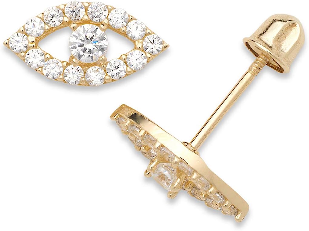 Jewelryweb Solid 14k Gold Blue and Clear Cubic Zirconia Evil Eye Screw Back Earrings Stud Earrings for Women, Hypoallergenic