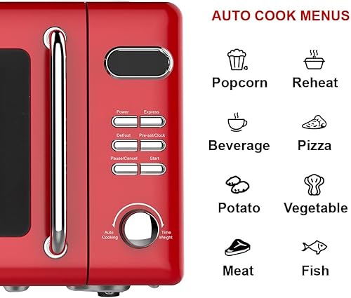 Miniatura 4 de Emerson MWR7020RD Horno Microondas Compacto Retro de Encimera con Control de Botones, Pantalla LED, 700W 5 Niveles de Potencia, 8 Menús Automáticos