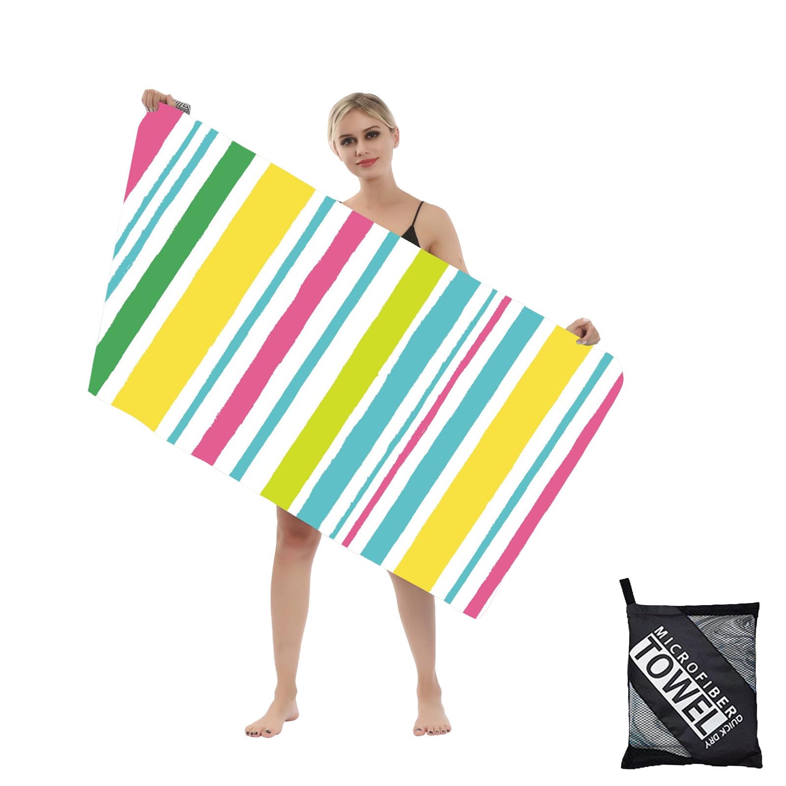 Large Thin Microfibre Beach Towel with Bag for Adult Men Women,160x90cm Pastel Stripe Beach Towels Quick Dry Sand Free Lightweight Swim Bath Towel for Travel,Swimming,Pool,Holiday,Camping,Gym Sports