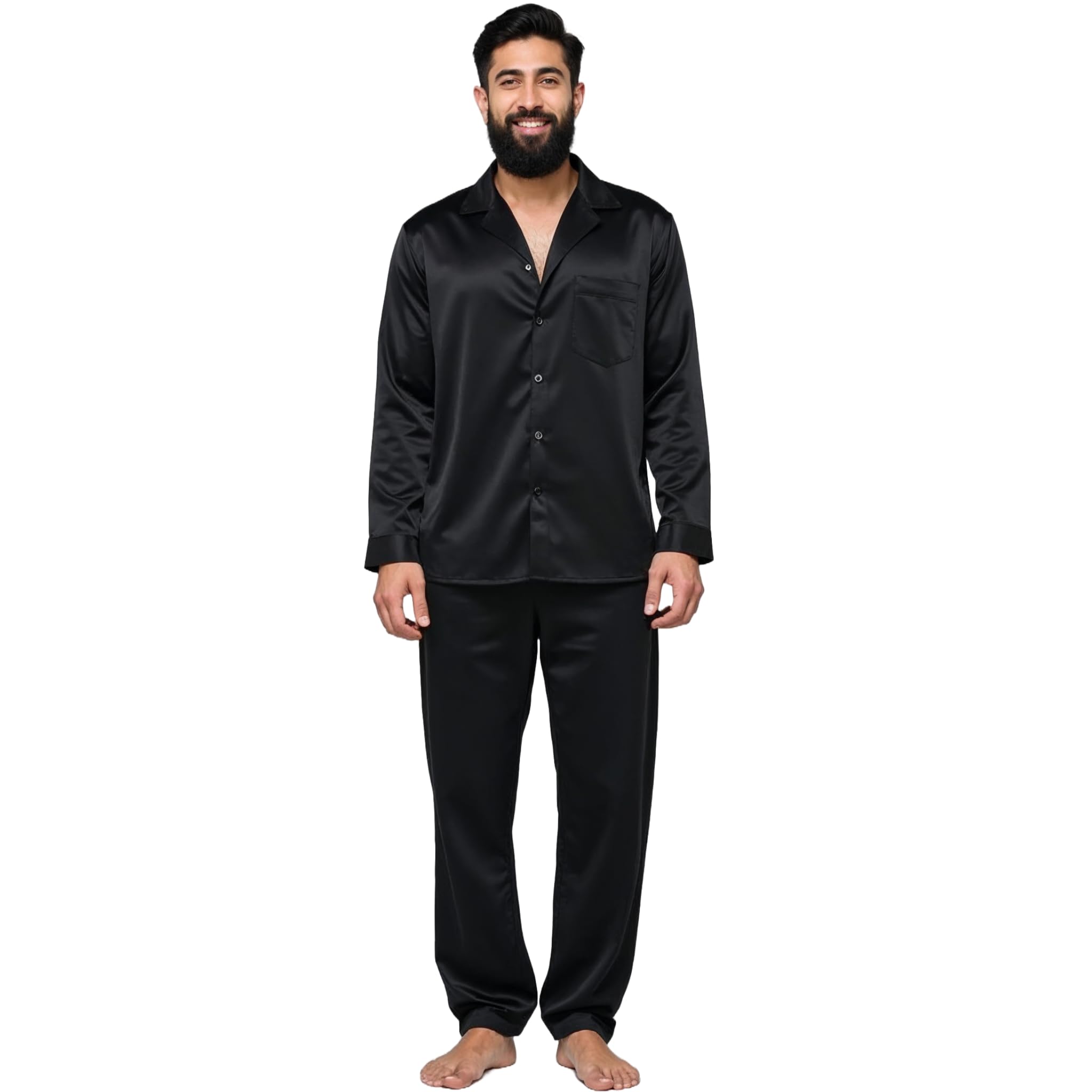 Men's Full Sleeve Silk Pajama Set – Black Nightwear – Elegant, Soft & Breathable Luxury Loungewear for Men