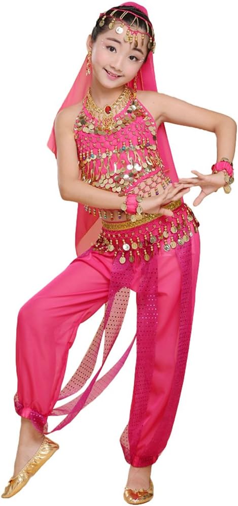 Anguang Children Girl Belly Dance Pants Costumes Set Backless Bandage Tops Ethnic Dance Wear Rose#6 S