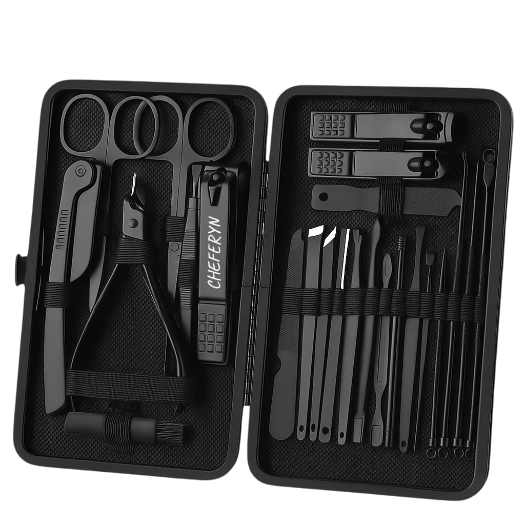 24-in-1 Professional Manicure Pedicure Grooming Kit | Black Stainless Steel Nail Care Set with Case | Complete Nail Cutter, Eyebrow, Ear & Foot Care Tools for Men & Women (BLACK)-image-16