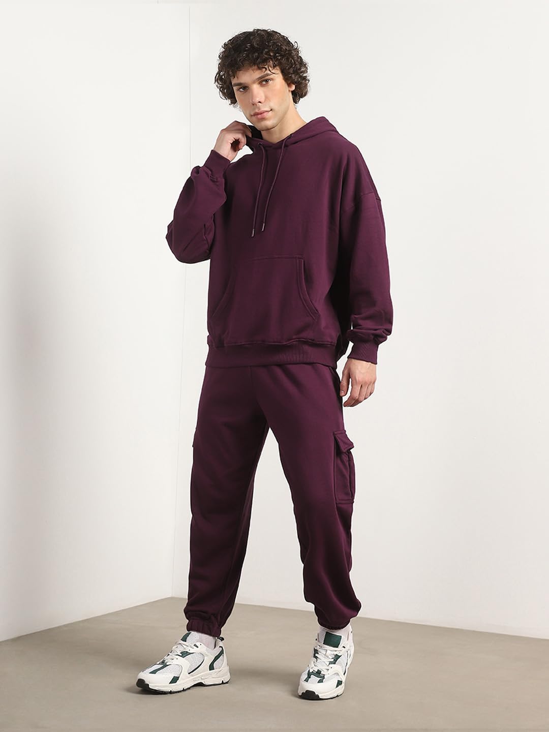 NOBERO Men Oversized Fit Sweatshirt-Joggers Coord Set(1M-LWCS-R0193-MP4_Midnight Plum_L) 2