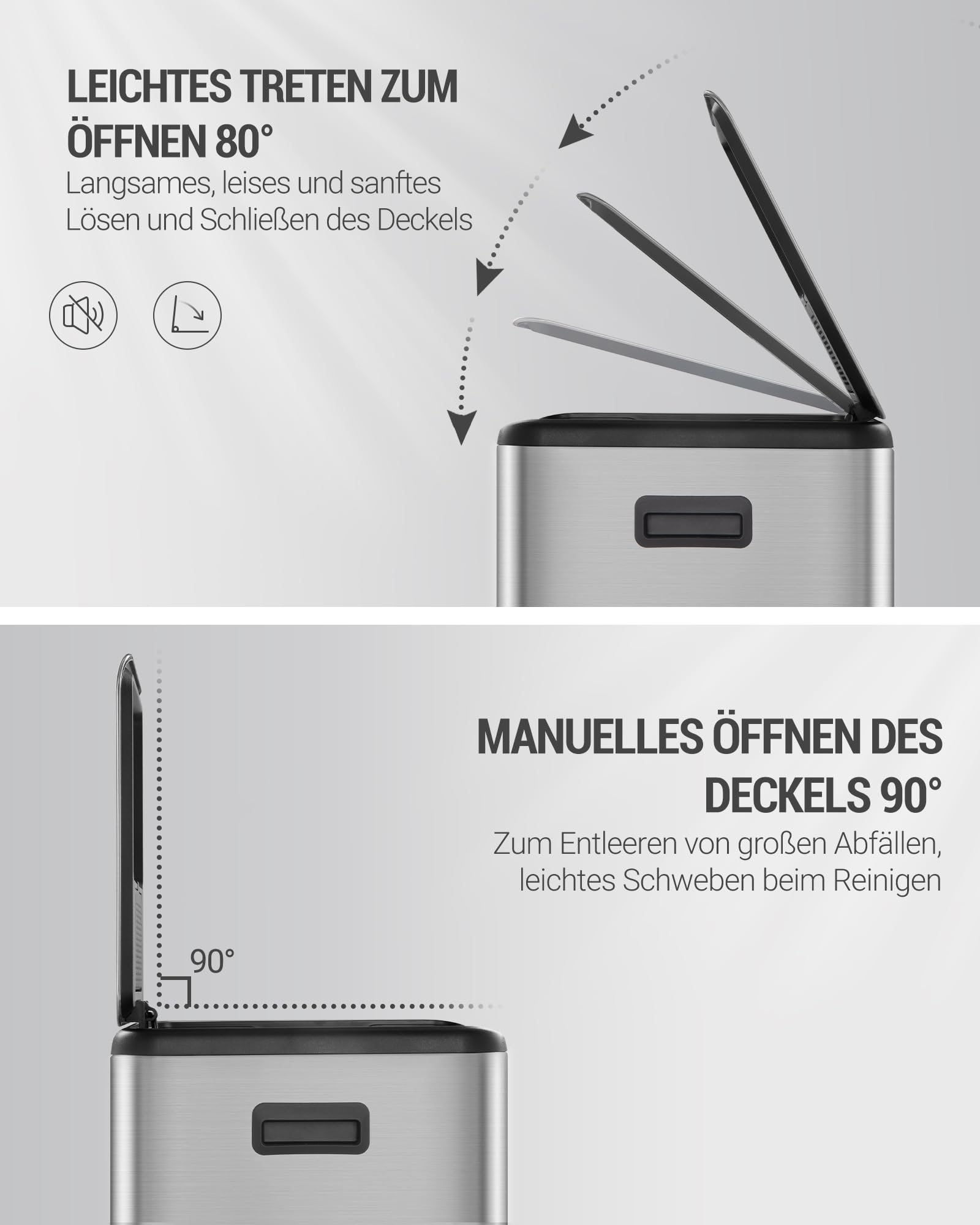 Hzuaneri Mülleimer Küche, 2 x 30 L, Mülltrennsystem 2 Fächer 60 L, Edelstahl-küchenmülleimer, Tretmülleimer, Abfalleimer Ruhiger Langsamer Abstieg, mit 15 Exklusiven Abfallbeuteln, Silber SW06099E