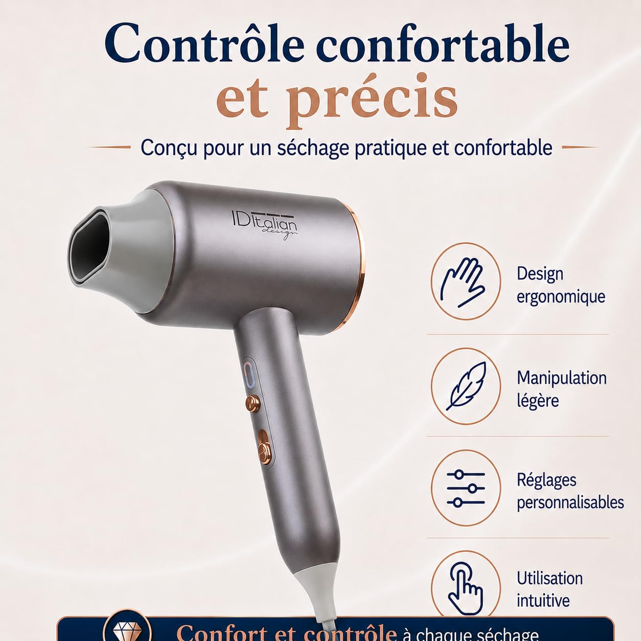 ID Italian Design – Sèche-cheveux Ionique Professionnel Cyclone Blue Ionic Power – Sèche-cheveux 2200 W, 3 Niveaux de Chaleur, Bouton Air Froid, 3 Vitesses et Fonction Ionique