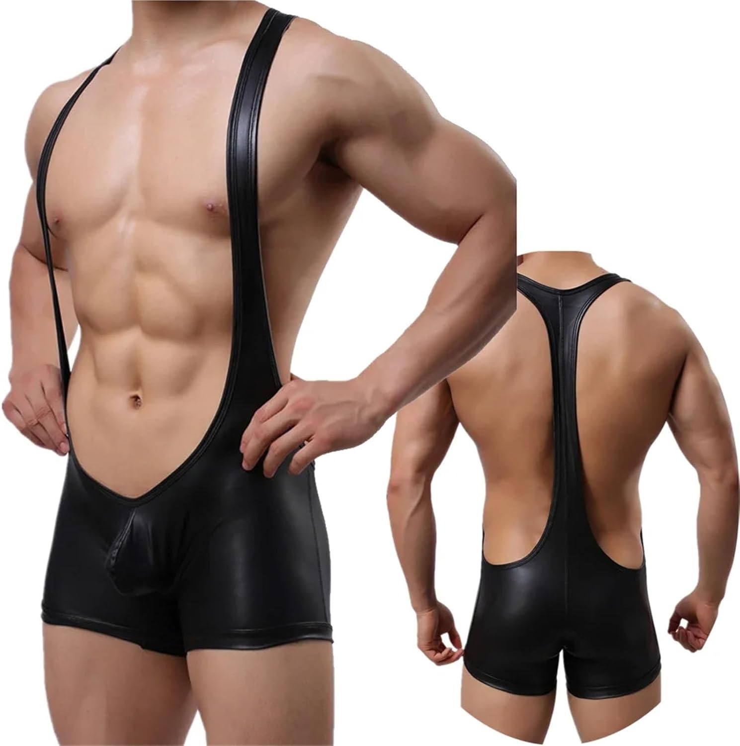 Mens Undershirts Mesh Open Butt Wrestling Singlet Leotard Male One-Piece Pajama Sexy Underwear Faux Leather Jumpsuit