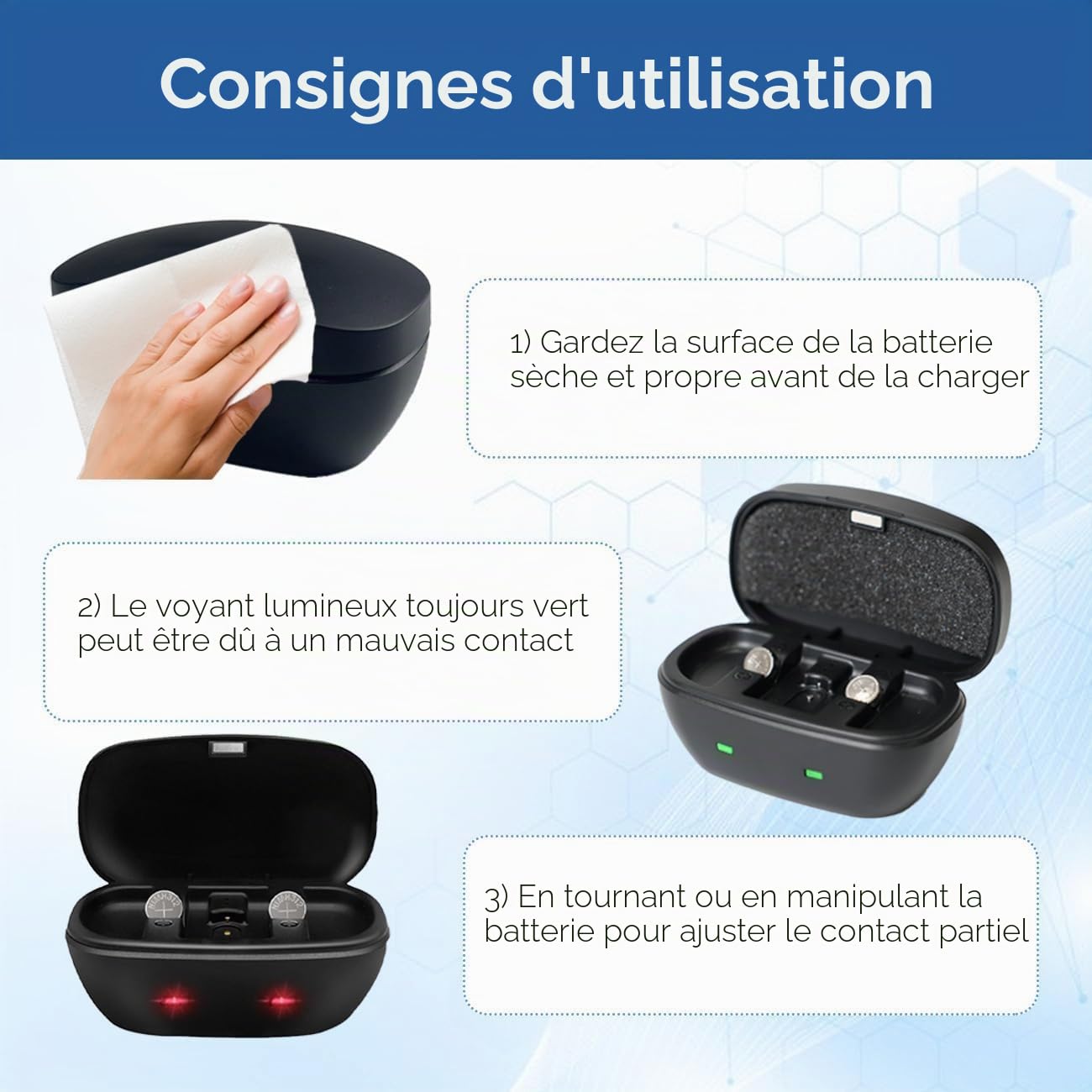 Wokyo - Piles rechargeables pour appareils auditifs et chargeur pour amplificateurs auditifs 312, chargeurs de piles avec 2 piles bouton rechargeables (Chargeur + 2 piles 312)
