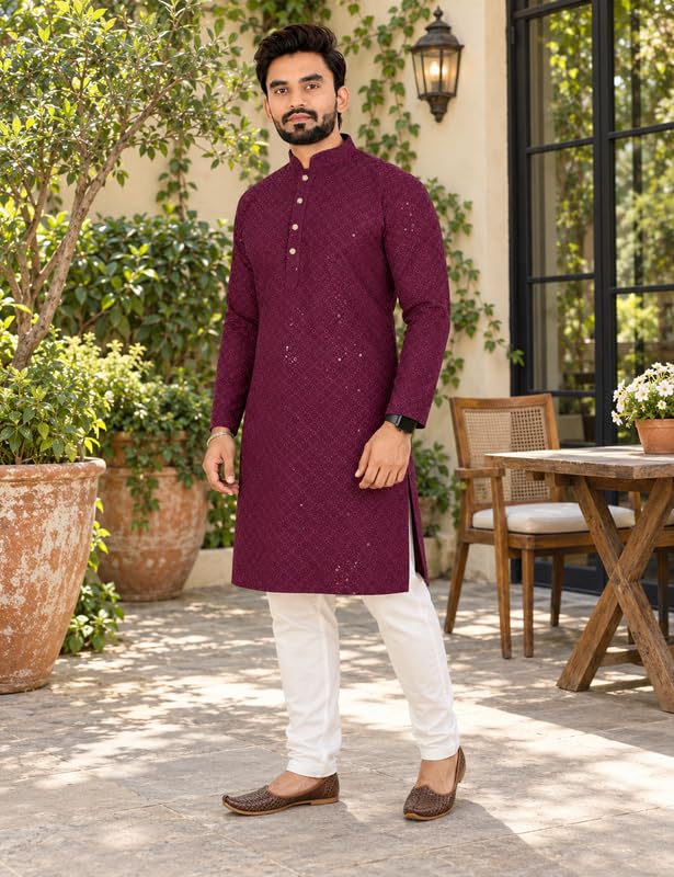 Image of Men's Lakhnawi Chikankari Kurta Set Cotton Ethnic Kurta Pajama for Men Wedding Festive Designer Indian Outfit Stylish Embroidered Kurta Set