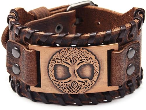Brújula vikinga nórdica Vegvisir Fenrir Wolf Tree Of Life Yggdrasil Valknut Brown Pulsera de cuero vikingo
