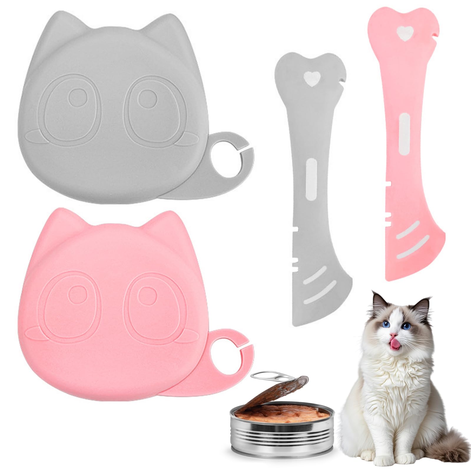 Daleweo 2 Pcs Cats Food Tin Cover, 2 Pcs Cats Spoon, Cat Food Tin Covers Lids, Suitable for 3 Sizes of Can Lids, Easy to Clean, Excellent Sealing for Storing Cat and Dog Food, Gray and Pink