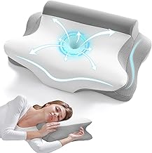 JOLLYVOGUE Cervical Neck Pillow - Contour Memory Foam Pillow for Neck Pain Relief with Cooling Pillowcase, Ergonomic Orthopedic Support for Side Back Stomach Sleepers, Grey & White