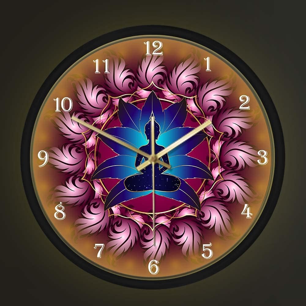 Geek Alerts Sound Control LED Light Chakras Energy Healing Wall Clock, Buddha in Lotus Mandala Flower Yoga Battery Operated LED Luminous Smart Metal Frame Non Ticking Wall Watch Buddhism Home Decor