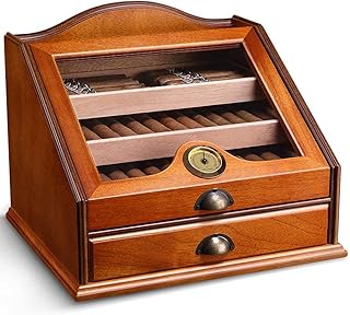 Cigar Humidor, Desktop Cigar Humidor, Travel Cigar Box with Hygrometer and Humidifier, Cedar Wood Lined and Removable Cedar Tray Divider, Holds up to 100 Cigars