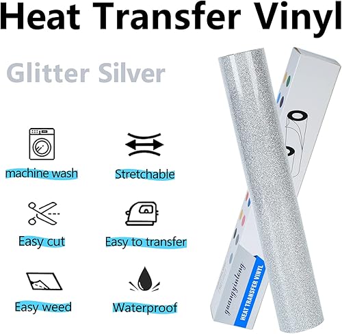 Miniatura 2 de guangyintong Rollo de vinilo de transferencia de calor plateado con purpurina para camisetas HTV de 12 pulgadas x 8 pies para planchar (J4-plata