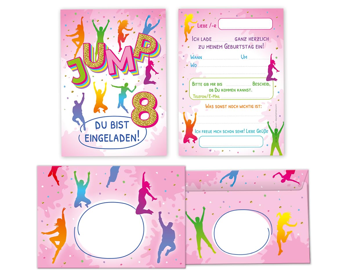 Minkocards 12 Einladungskarten incl. 12 Umschläge zum 8. Kindergeburtstag Mädchen Jump Trampolin Einladungen achte Mädchengeburtstag Geburtstagseinladungen
