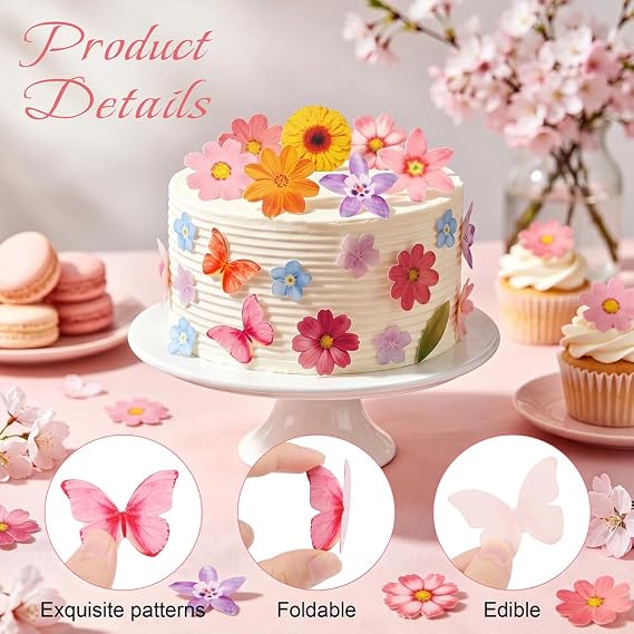 Flower Butterfly Cupcake Toppers, 65 Pcs Edible Flower Cake Topper