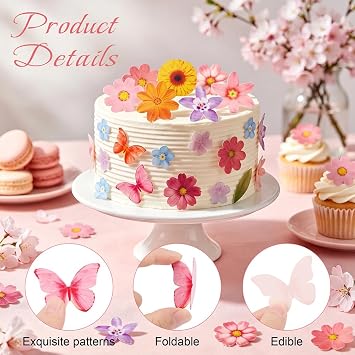Flower Butterfly Cupcake Toppers, 65 Pcs Edible Flower Cake Topper
