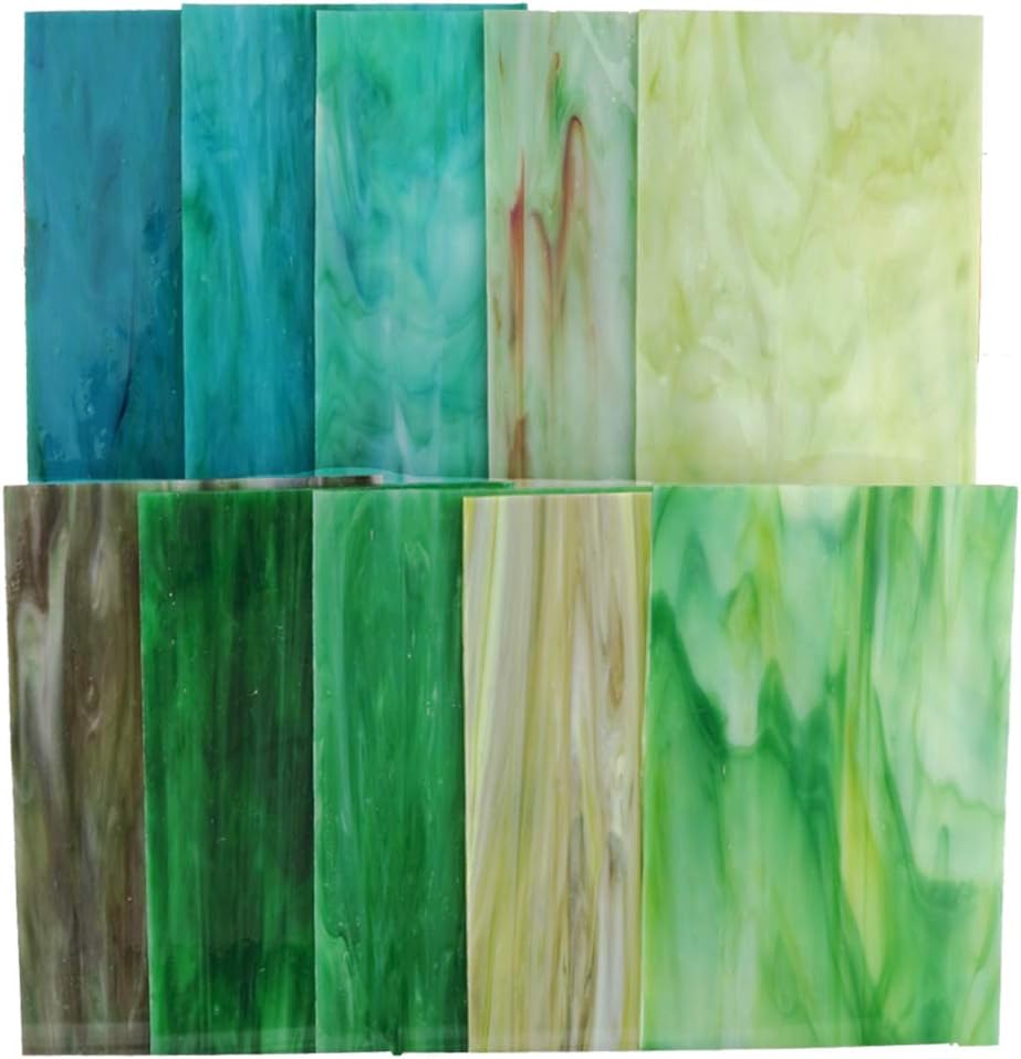 Lanyani 10 Sheets Variety Stained Glass Sheets Pack, 4 x 6 inch Large Cathedral Glass Mosaic Tiles for Crafts, Green Mixed