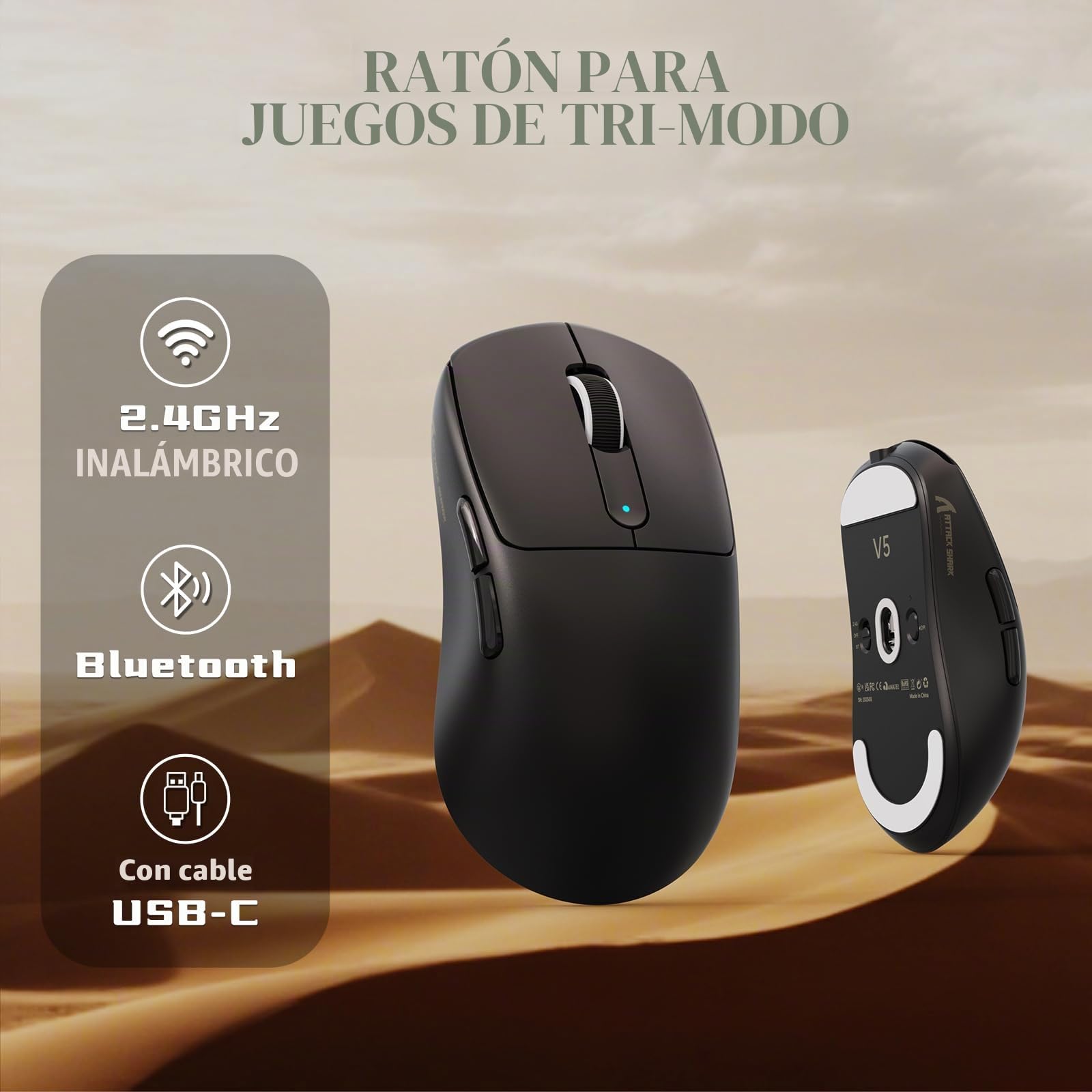 ATTACK SHARK V5 Ratón Inalámbrico para Juegos de 8KHz, 53G Superligero,Sensor PixArt PAW3950MAX, MCU Nordic 52840,Bluetooth/2.4 G/USB-C,Cable en Espiral, 42KDPI,Revestimiento Ice-Feel (Negro)