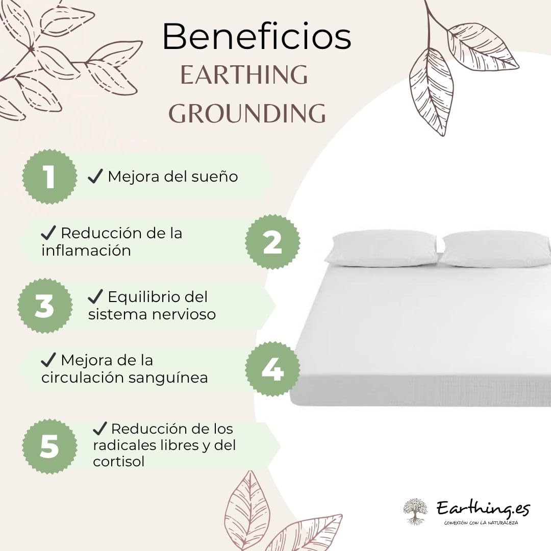 Sábana Earthing Grounding de Algodón Orgánico con Fibra de Plata – Conexión a Tierra con Cable y Adaptador – Reducción del Estrés, Mejor Sueño y Energía Renovada (90x200x30)